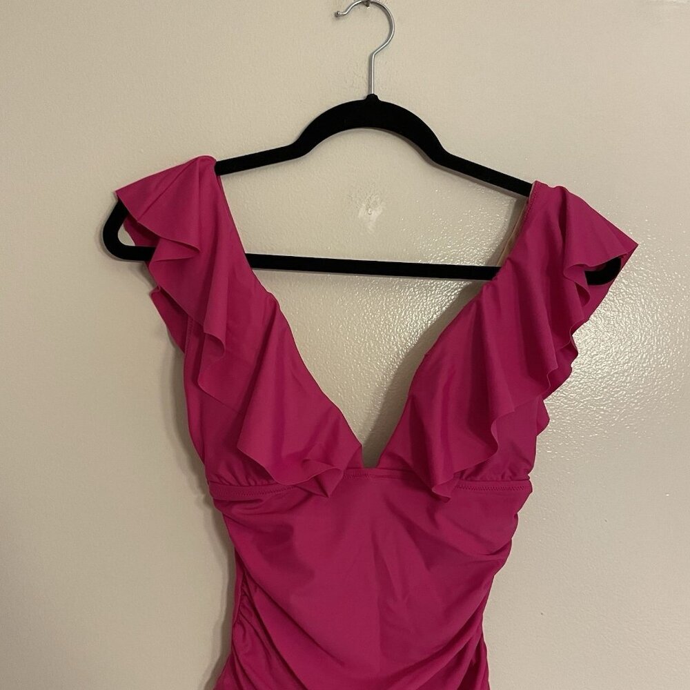 J.Crew Women 4 Radiant Fuchsia Deep V-Neck Ruched Ruffle One-Piece Swimsuit NWT - Picture 4 of 13